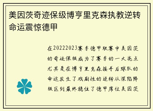 美因茨奇迹保级博亨里克森执教逆转命运震惊德甲 美因茨奇迹保级博亨里克森执教逆转命运震惊德甲