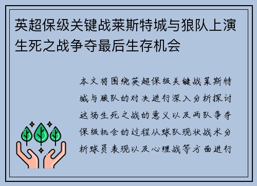 英超保级关键战莱斯特城与狼队上演生死之战争夺最后生存机会 英超保级关键战莱斯特城与狼队上演生死之战争夺最后生存机会